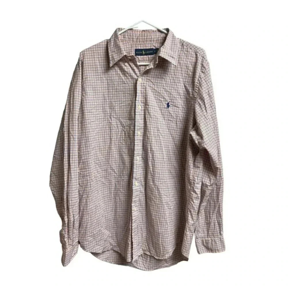 Ralph Lauren Orange Blue Plaid Men's Button‎ Up Shirt Size Large